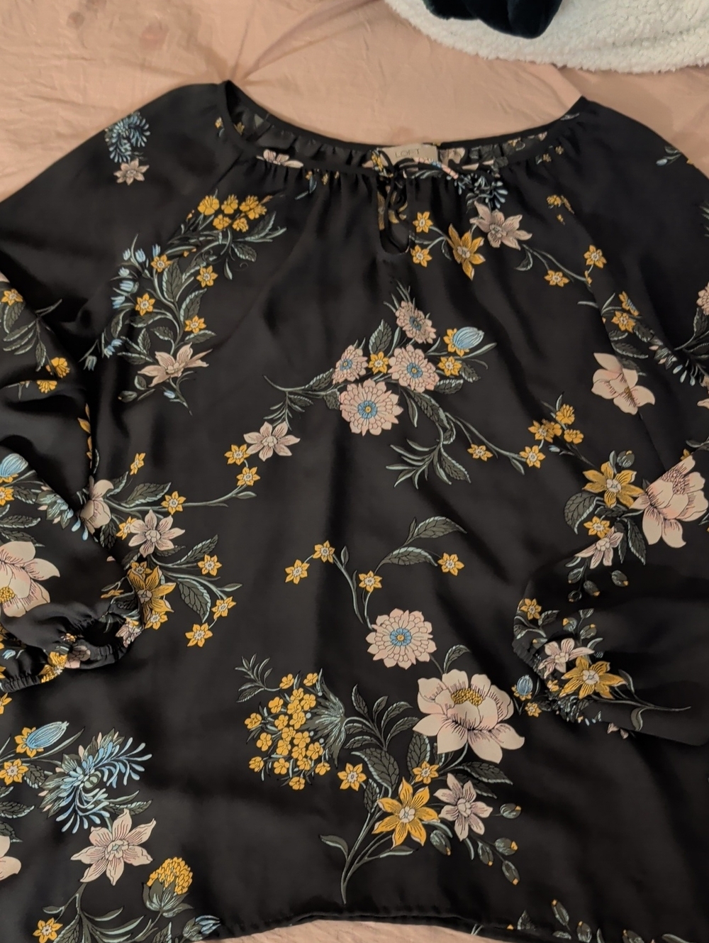 LOFT Black Floral Long-Sleeve Blouse with Yellow and Light Blue Accents outlet